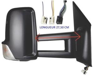 Rétroviseur droit électrique degivrant avec indicateur direction avec bras supplémentaire long (27,5 cm) noir avec système capteur depassement 9 épingle 3 connecter. pour MERCEDES (W906) SPRINTER depuis 2018, Neuf